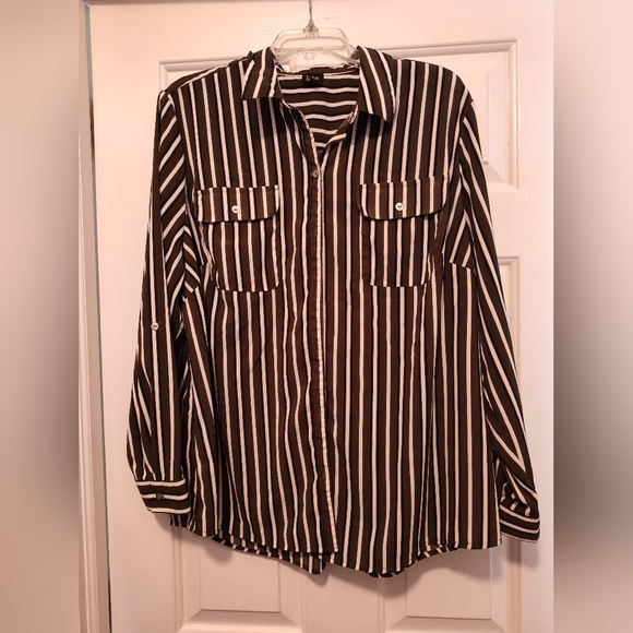 Lee Tops - Green and White Striped Button-Up Blouse by Lee